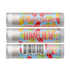 Lip balm with blue background, gummy bear pattern, and Delight Naturals branding.