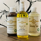Facial Cleansing Kit, brown, yellow, and clear bottles with white labels, 4Js Natural brand