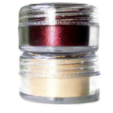 Eyeshadow set with clear glass jars, red and beige powders, stacked design