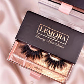 Mink Lashes, black fluffy style, in Lemora Cosmetics box with pink ribbon