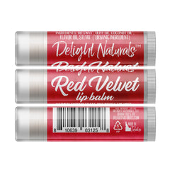 Lip balm tube with red and white label, Delight Naturals text, and barcode