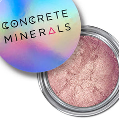 Metallic eyeshadow, pink powder, silver container, Concrete Minerals logo on lid