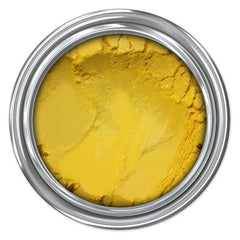 Yellow paint in a metal tin with silver trim and textured surface