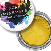 Eyeshadow matte yellow powder in silver container with Concrete Minerals branding