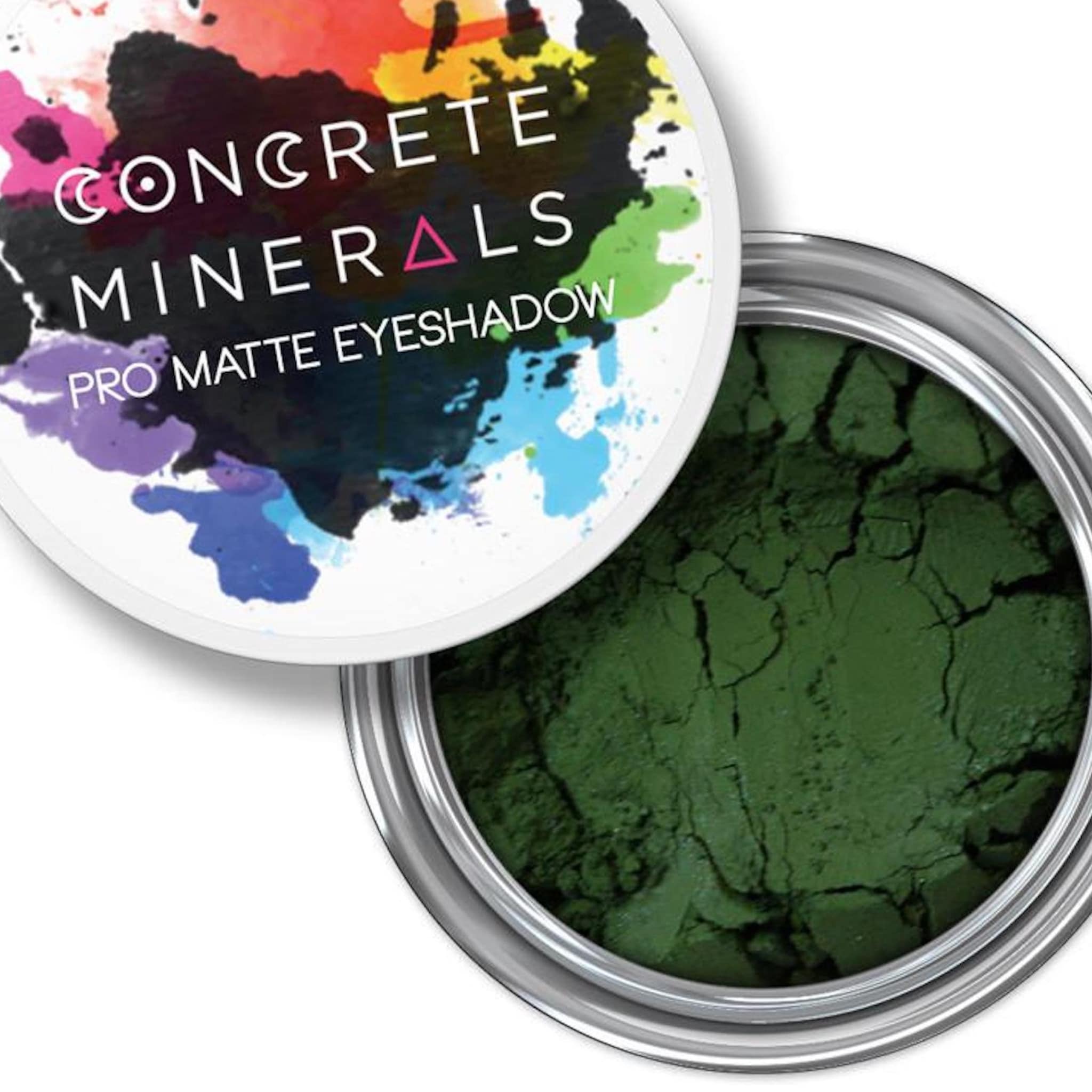 Eye shadow, green matte powder, silver container, Concrete Minerals branding