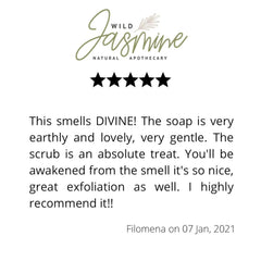 Wild Jasmine logo with green script text, black star rating, and customer review text on white background