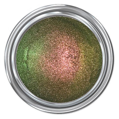 Glitter eyeshadow with green, pink, and gold color in a silver container