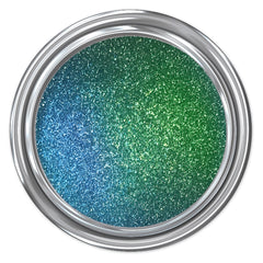 Glitter paint in blue and green with metallic silver container, top view