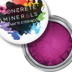 Eye shadow, matte purple powder in silver tin, Concrete Minerals branding visible