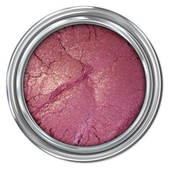 Eyeshadow pot with metallic pink and gold color, cracked texture, and silver rim