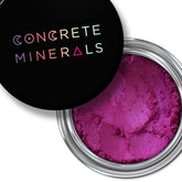Mineral eyeshadow, bright pink powder, silver metal container, Concrete Minerals brand name