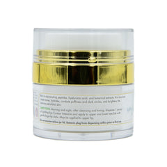 Eye cream jar with clear, white, and gold accents, for skincare use