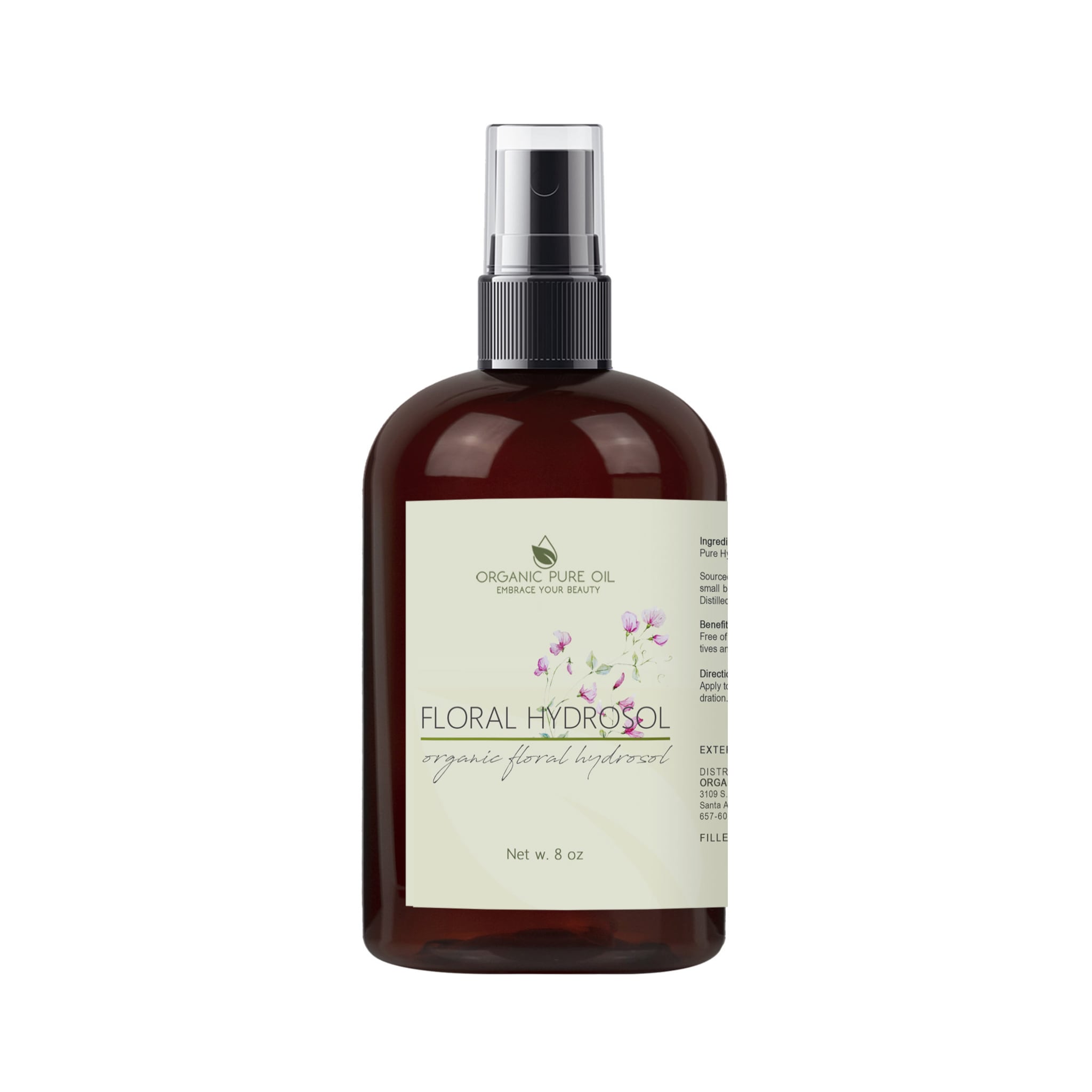 Toner bottle, brown glass, black spray top, with Organic Pure Oil label