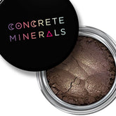 Mineral eyeshadow in dark brown with silver shimmer, in a metal container, Concrete Minerals brand