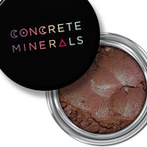 Mineral eyeshadow, brown powder with silver shimmer, Concrete Minerals brand, in silver container