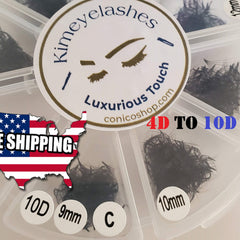 Eyelash extensions black fans in plastic container with Kimeyelashes logo, 4D to 10D lash fans