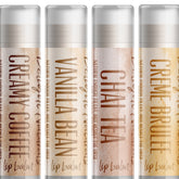 Lip balm set with white tubes, brown text, and coffee-themed labels from Delight Naturals