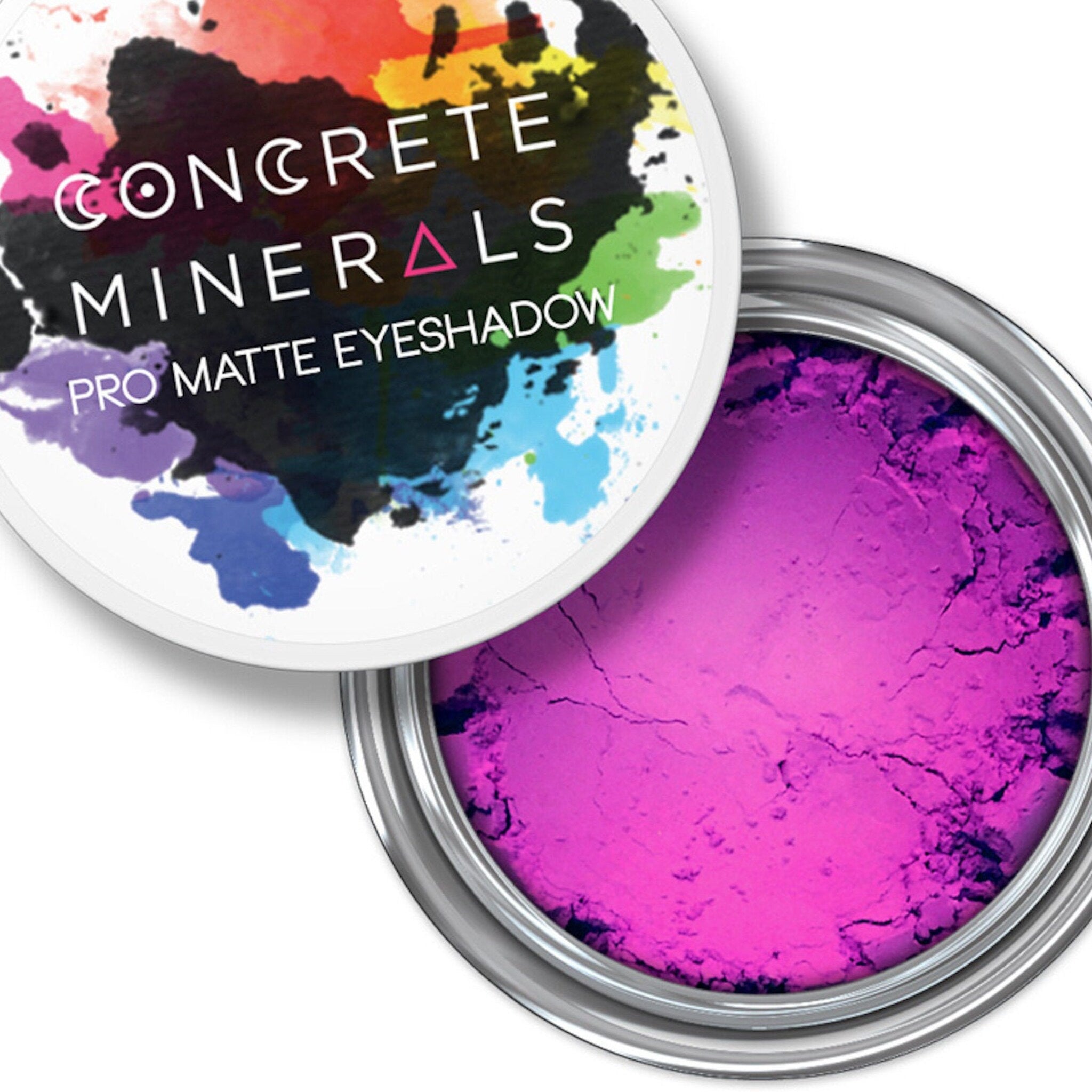 Eyeshadow pot with bright pink powder, silver rim, and Concrete Minerals logo on lid