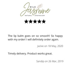 Wild Jasmine logo with green script text, black star rating, and customer reviews on white background