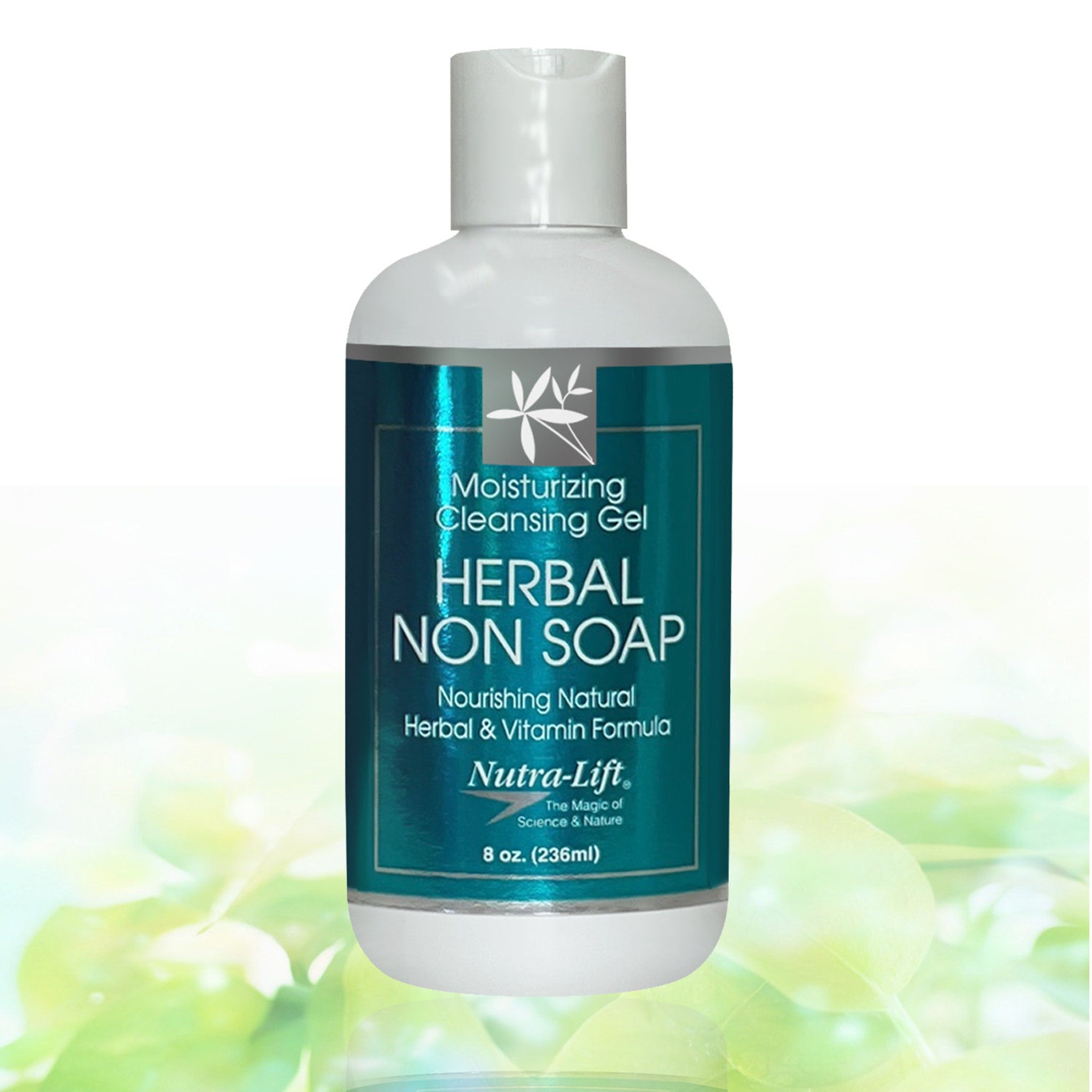 Facial cleanser bottle with white and teal label, Nutra-Lift brand name visible, for cleansing