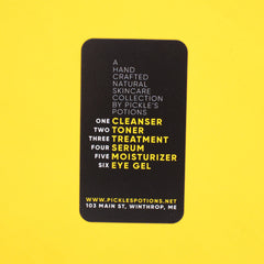 Skincare product list on black card with yellow text on yellow background, by Pickle's Potions