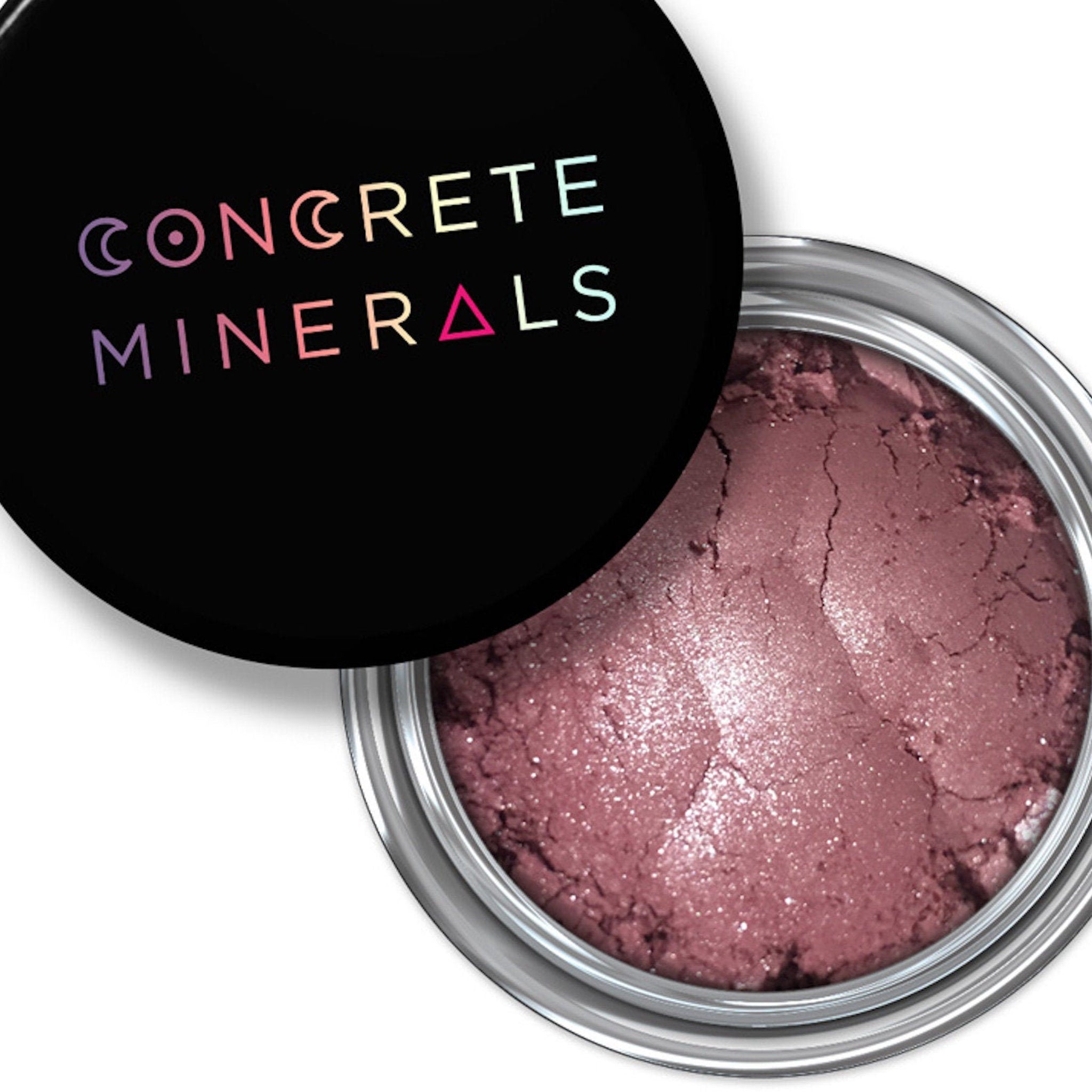 Mineral eyeshadow in mauve color with shimmer, in a silver tin, Concrete Minerals brand