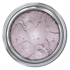 Powder eyeshadow in lilac with silver shimmer and cracked texture in a silver container