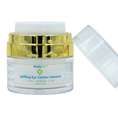 Eye cream jar with gold lid, white label, and clear plastic lid open to the side, VitaliaMD brand visible