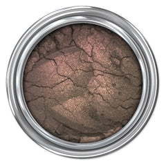 Eyeshadow pot with bronze color, cracked texture, and silver rim detail