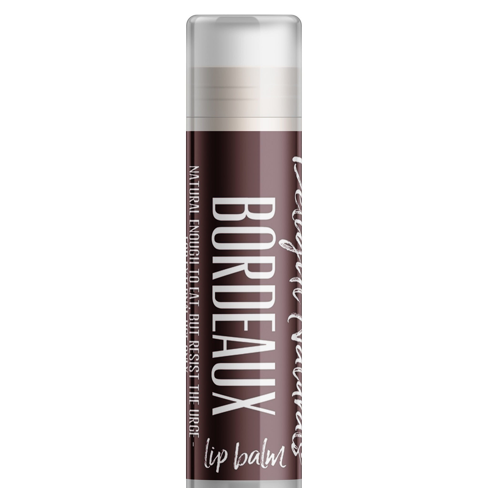 Lip balm tube with dark burgundy and white text, Delight Naturals Bordeaux lip balm product