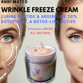 Wrinkle freeze cream with peach cream and clear jar, Anni Mateo brand visible on label