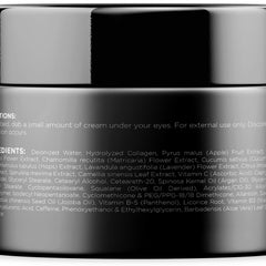 Eye cream jar, black glossy container, silver text label, product ingredient list