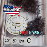 Eyelash extensions with black fans, Kimeyelashes brand, in clear container, with "1000 FANS" text visible