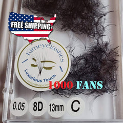 Eyelash extensions with black fans, Kimeyelashes brand, in clear container, with "1000 FANS" text visible