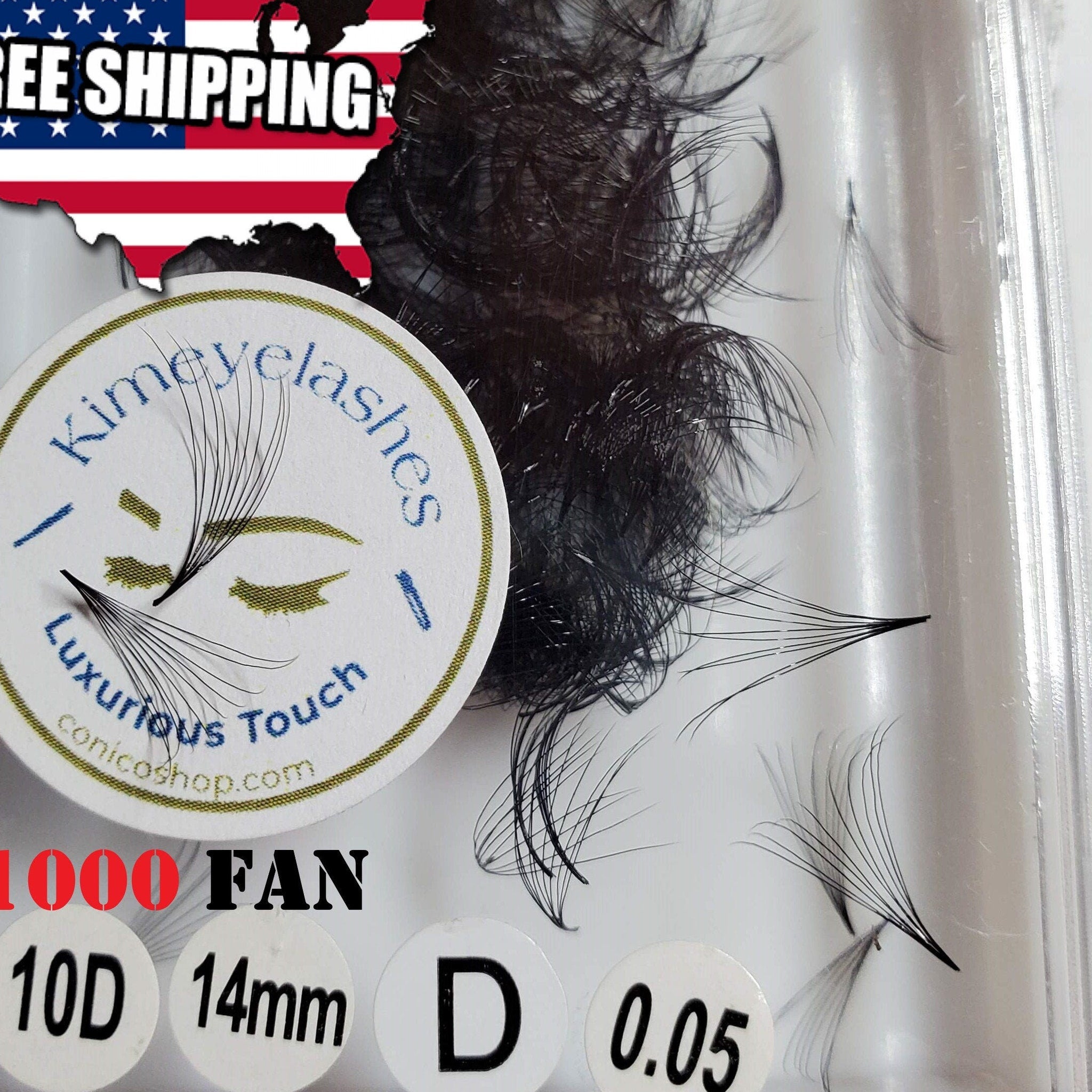 Eyelash extensions, black synthetic fans, Kimeyelashes brand, D curl, 0.05mm thickness, for eye makeup