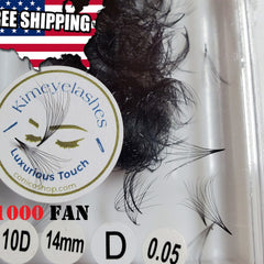Eyelash extensions, black synthetic fans, Kimeyelashes brand, D curl, 0.05mm thickness, for eye makeup