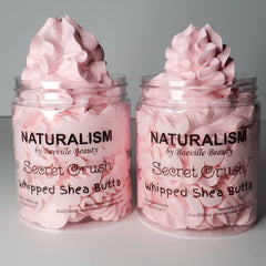 Whipped Shea Butter in pink, swirled style, in clear jars, Baeville Beauty brand visible