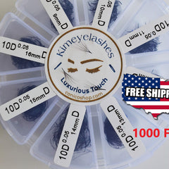 Eyelash extensions in dark color, plastic container, Kimeyelashes brand name visible