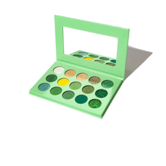 Close-up of shimmering bronze and taupe eye shadow palette with smooth, blendable powder textures