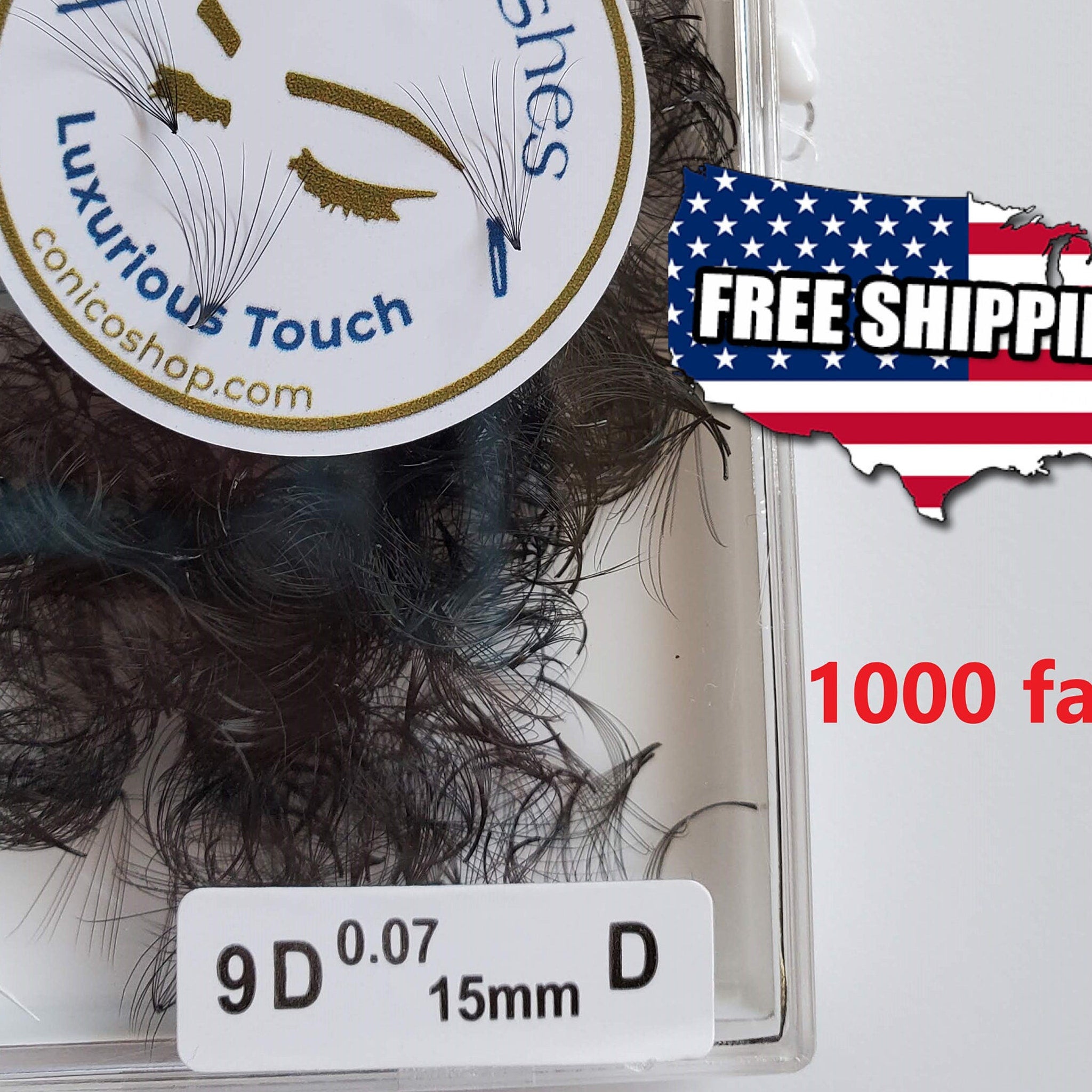 Eyelash extensions black fan lashes with "Luxurious Touch" logo and "FREE SHIPPING" text