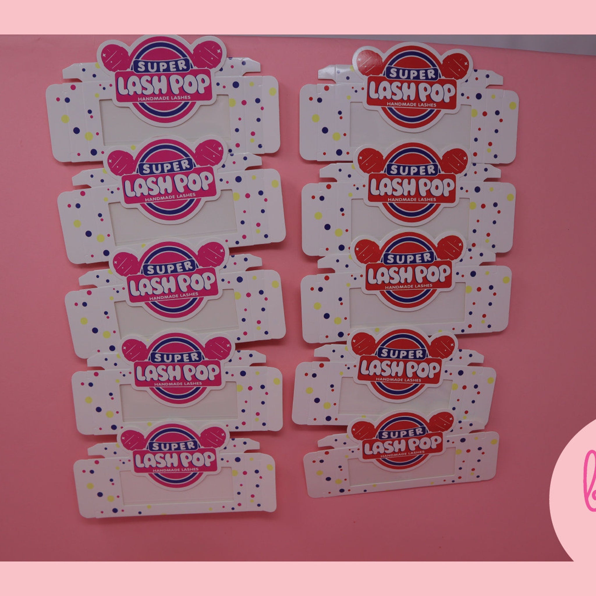 Eyelash packaging boxes, white with colorful polka dots, LASH POP branding visible