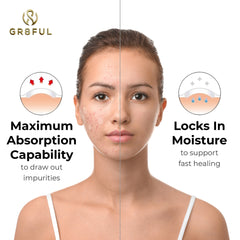 Close-up angled view of hydrocolloid pimple patches in round dots on clear backing, highlighting blemish-absorbing texture