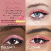 Shimmer eyeshadow in pink with metallic finish, applied to eye with black eyeliner, Bella brand