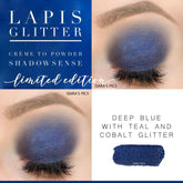 Glitter eyeshadow in lapis blue with glitter, applied to eye, ShadowSense brand
