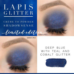 Glitter eyeshadow in lapis blue with glitter, applied to eye, ShadowSense brand