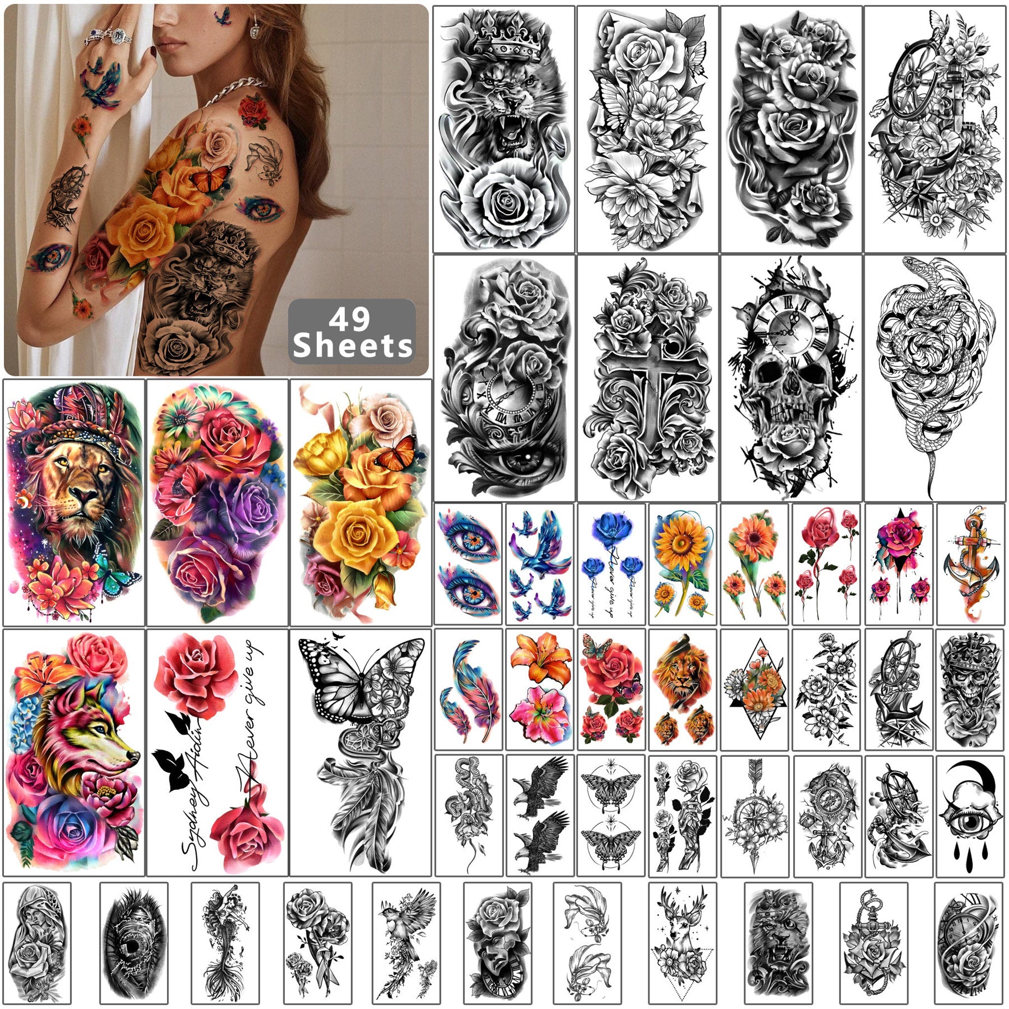 Elegant floral skull temporary tattoos in a luxurious gold package, perfect for skincare-safe adornment