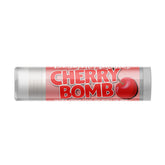 Lip balm tube with red and white packaging, cherry graphic, Delight Naturals Cherry Bomb label