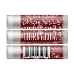 Lip balm tube with red and white color scheme, Delight Naturals branding, and Cherry Cola text