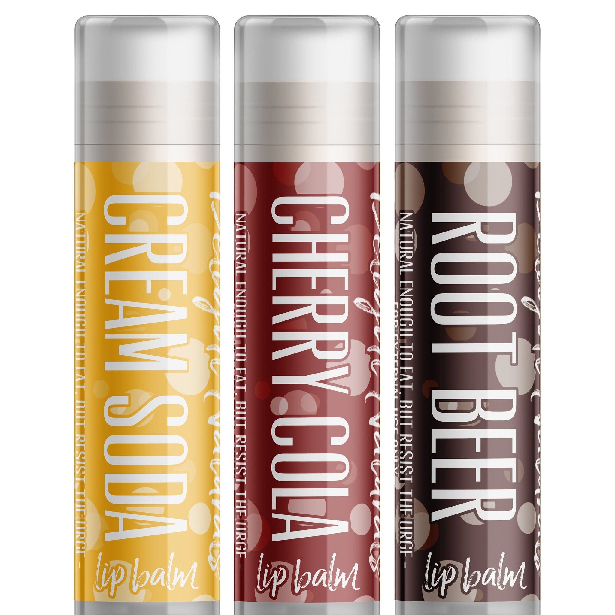 Lip balm set with yellow, red, and brown tubes, white text, and Delight Naturals branding