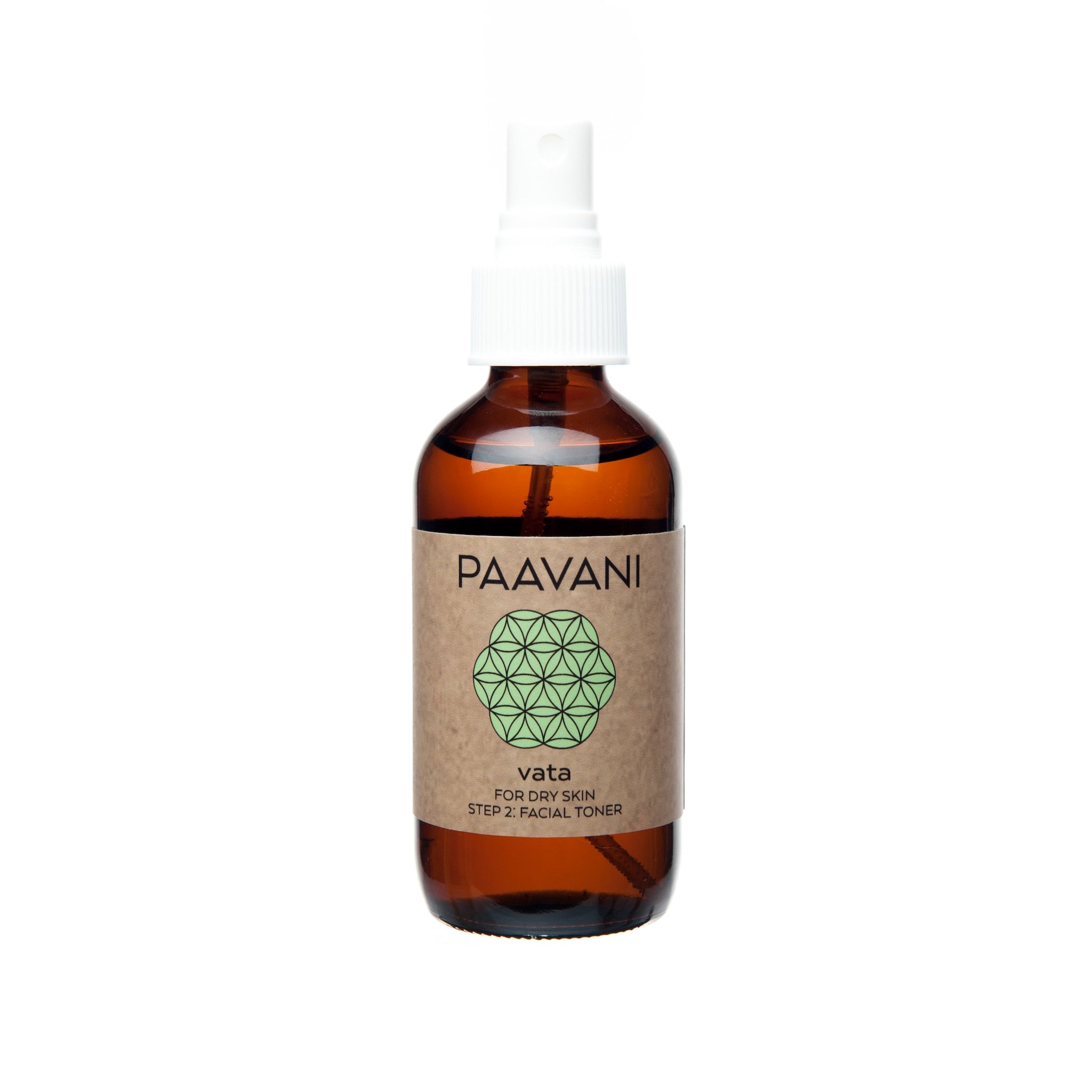 Toner spray bottle, brown glass, white spray top, PAAVANI Ayurveda label